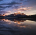A stunning sunset over Maligne Lake of Jasper National Park