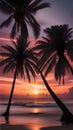 A stunning sunset over the ocean with palm trees silhouettes illustration Artificial Intelligence artwork generated Royalty Free Stock Photo