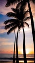 A stunning sunset over the ocean with palm trees silhouettes illustration Artificial Intelligence artwork generated Royalty Free Stock Photo