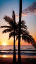 A stunning sunset over the ocean with palm trees silhouettes illustration Artificial Intelligence artwork generated Royalty Free Stock Photo