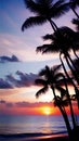 A stunning sunset over the ocean with palm trees silhouettes illustration Artificial Intelligence artwork generated