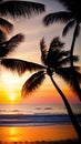 A stunning sunset over the ocean with palm trees silhouettes illustration Artificial Intelligence artwork generated