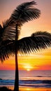 A stunning sunset over the ocean with palm trees silhouettes illustration Artificial Intelligence artwork generated
