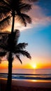 A stunning sunset over the ocean with palm trees silhouettes illustration Artificial Intelligence artwork generated