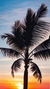 A stunning sunset over the ocean with palm trees silhouettes illustration Artificial Intelligence artwork generated