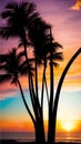 A stunning sunset over the ocean with palm trees silhouettes illustration Artificial Intelligence artwork generated