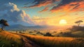 Stunning Sunset Path: A Highly Detailed Neogeo Illustration With Pastoral Charm