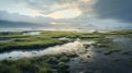 Lively Coastal Landscapes: Grass, Water, Mountains, And Clouds