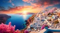 Stunning sunset of picturesque Santorini island, Greece. Blue-domed churches and white-washed houses