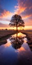 Stunning Sunset Reflection: Lone Tree In English Countryside