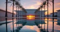 Stunning Sunset Reflection Over Luxury Hotel and Palm Trees Royalty Free Stock Photo