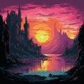 8-bit Pixel Art Painting Sunset Castle In The Ocean