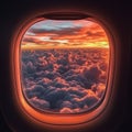 Stunning sunset view from an airplane window featuring dramatic clouds and vibrant colors Royalty Free Stock Photo