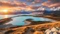 Sunset of Mount Cook and Lake Pukaki, This is the classic view of Mount Cook from Peter`s Lookout. New Zealand Royalty Free Stock Photo