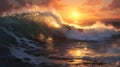 Stunning Sunset Wave at the Ocean with Fantastic Light Reflectio