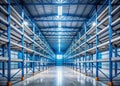 A Stunning Symmetrical Industrial Warehouse Interior Empty Concrete Floor CoolToned Industrial Shelving and Panoramic Royalty Free Stock Photo