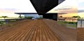 Stunning terrace with wooden floor. Reflection of the amazing sunset in mirror windows. 3d rendering