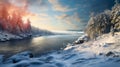 Stunning Terragen Landscape: Snow-covered River At Sunset