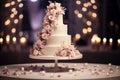 Elegant Wedding Cake Adorned with Pink Roses Amidst Romantic Candlelight Royalty Free Stock Photo