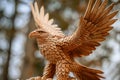 A stunning timber sculpture of a majestic eagle in flight, showcasing intricate feather details. AI generated.