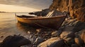 Boat Floating Among Rocks: A Pictorial Uhd Image With Bronze Patina