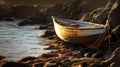 Golden Light: Nostalgic Boat To Rocks In Scottish Landscapes