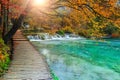 Beautiful tourist pathway in colorful autumn forest, Plitvice lakes, Croatia Royalty Free Stock Photo