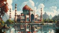 Realistic Painting of a Mosque by the Lake in Islamic Art Style