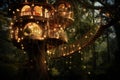 A stunning tree house adorned with twinkling fairy lights that create a magical and enchanting atmosphere, A whimsical treehouse