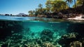 Turquoise Waters and Transparent Reef Snorkeling in the Exotic Island of Kioa in two world view with dome underwater photography