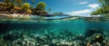 Turquoise Waters and Transparent Reef Snorkeling in the Exotic Island of Kioa in two world view with dome underwater photography