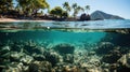 Turquoise Waters and Transparent Reef Snorkeling in the Exotic Island of Kioa in two world view with dome underwater photography