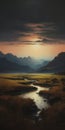 Eerily Realistic Landscape Painting: Marsh And Mountains In Tonalist Style Royalty Free Stock Photo