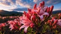 Stunning Uhd Image: Pink Lilies Blooming Under The Setting Sun