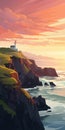 Vibrant Lighthouse Illustration Overlooking Sunset Ocean