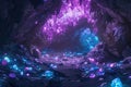 A stunning underground cave is aglow with an enchanting display of vibrant purple and blue lights, A mysterious cave filled with