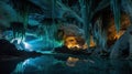 Hidden Beauty: The Enchanting Illuminated Stalactite Cave with Tranquil Turquoise Water Reflections Royalty Free Stock Photo