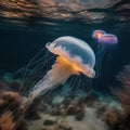 A stunning underwater photograph of a bioluminescent jellyfish illuminating the dark ocean depths1