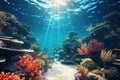 A stunning underwater scene of a coral reef with sunlight filtering through the crystal-clear water, Underwater view of tropical