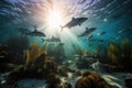 stunning underwater scene with a mix of rays, sharks, and colorful fish