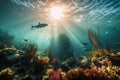 stunning underwater scene with a mix of rays, sharks, and colorful fish