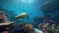 Stunning underwater scenery of colorful fish and turtles