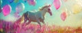 A stunning unicorn in a field filled with colorful balloons, each balloon adding to the enchanting