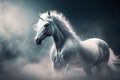 A stunning unicorn stallion with a white coat is surrounded by clouds and fog