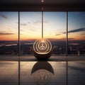 Elegant Abstract Luxury Logo on Reflective Glass in High-End Office Setting