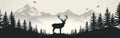 Wild Deer Silhouette: Iconic Camping Wildlife Landscape in Forest - Vector Logo Panorama