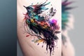 Colorful bird painting on paper with watercolor splashes on grey background Royalty Free Stock Photo