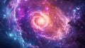 A stunning Video of a spiral galaxy with numerous stars scattered across the backdrop, Rainbow tinted nebula spiraling in a