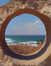 Stunning view of the beach of Ampurias from the sculpture of Cerchio magico di Lu Bagnu - North Sardinia - ITALY