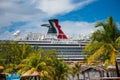 Stunning view of the cruise ship Carnival Vista at the port of Cozumel, Mexico with palm trees Royalty Free Stock Photo